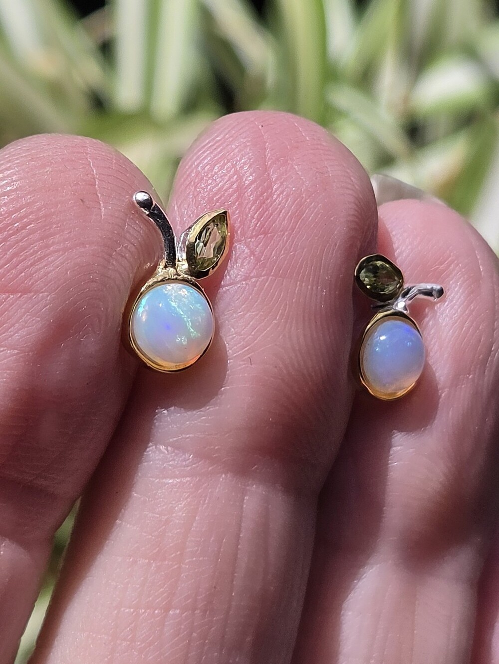 Opal & Peridot Cherry Stud Earrings - Gold & Sterling - Picture 6 of 8